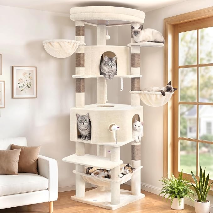 Cat Tree, 81.1" Skyward Corner Cat Tower for Large Cats VCT031MJ | Space-Smart Cat Furniture with Diamond Hideout, Grand Platform, Firm Base, 3 Soft Hammock & Pet Relax Station, Beige