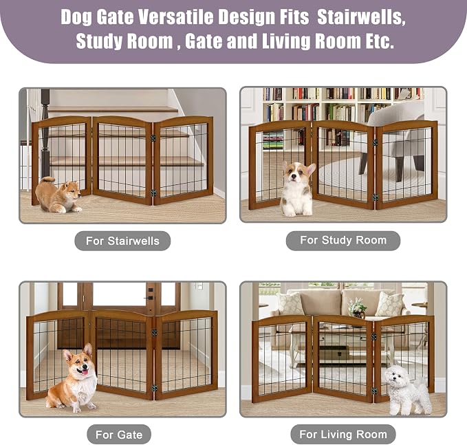 LZRS 3-Panel Freestanding Foldable Wooden Dog Gate –Solid Wood & Steel Wire Chew-Resistant Indoor Safety Pet Fence for Doorways & Stairs, Ideal for Small to Medium Dogs & Puppies, Cherry