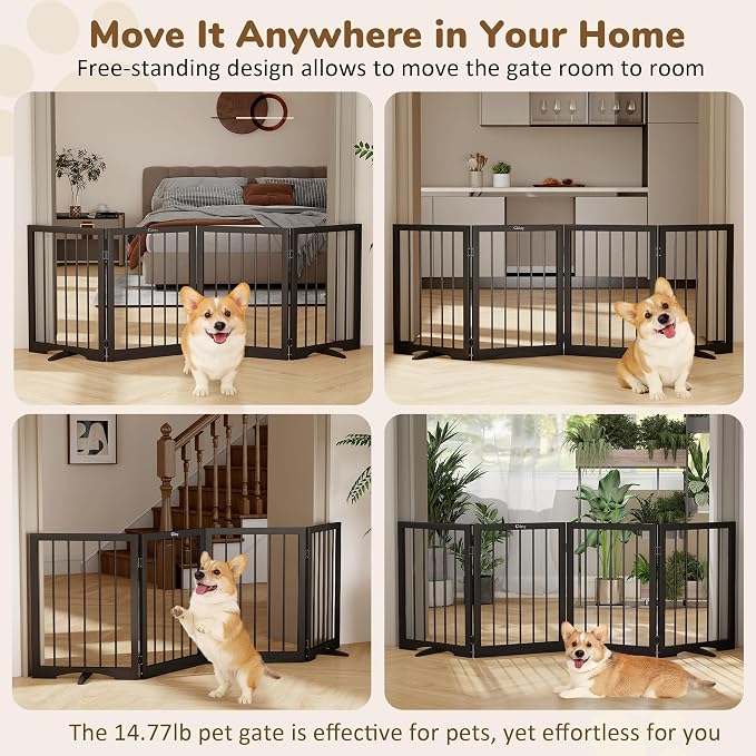 Free Standing Dog Gate Indoor, Foldable Dog Gate for Doorways Stairs | 4-Panel Freestanding Pet Gate with Support Feet for Stability, Folding Puppy Gate Easy to Move, Doggy Gate 72"x24", Black