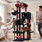 Hey-brother Cat Tree Tower with Stable L-Shaped Widen Base, Condo, MPJ086BR | 68.5 Inches Multi-Level Furniture with 2 Platforms, 11 Scratching Posts, Hammock and Toys Ball for Indoor Cats, Black and Red