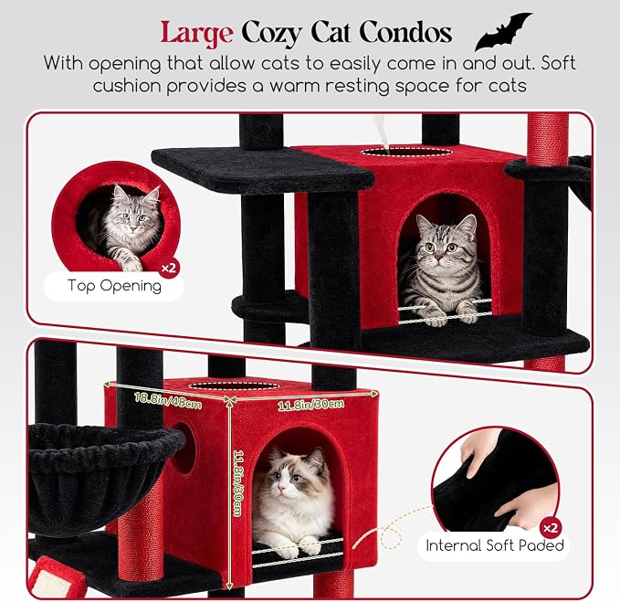 Globlazer Extra Large Gothic Cat Tree, 78 inch Sturdy Tall Cat Tree Tower for Indoor Multiple Large Adult Cats Kittens with 6 Scratching Posts, Enlarged Top Perch, 2 Padded Condos, S78G, Black Red
