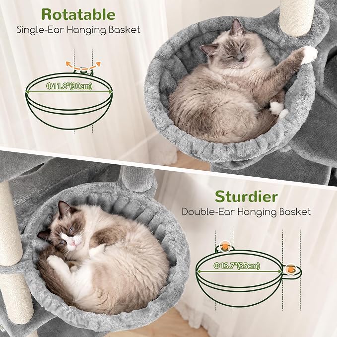 Globlazer S74G 74in Tall Cat Tree for Indoor Cats Large Adult, Beige | Sturdy Heavy Duty Cat Tree Tower for Multiple Cats with 7 Scratching Posts, 2 Spacious Condos, 2 Hanging Baskets