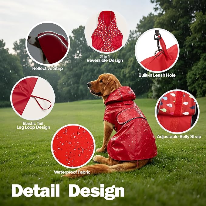 Kimee Dog Raincoat Reversible, Single Side Slicker Poncho Adjustable Waterproof Dog Rain Jacket with Leash Hole/Reflective Stripe Hooded Snowproof Windproof Clothes for Small to 3X-Large Dogs, S