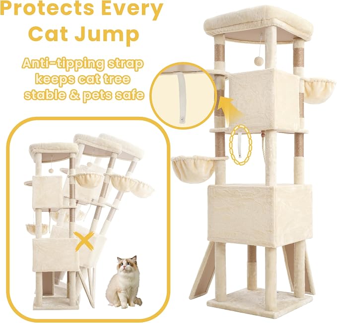 Cat Tree, 73-Inch Sturdy Corner Cat Tower for Large Cat VCT021MJ | Cat Furniture with Wide Top Perch, 2 Spacious Condos, 2 Cozy Baskets, 2 Scratching Boards & Interactive Toy, Beige