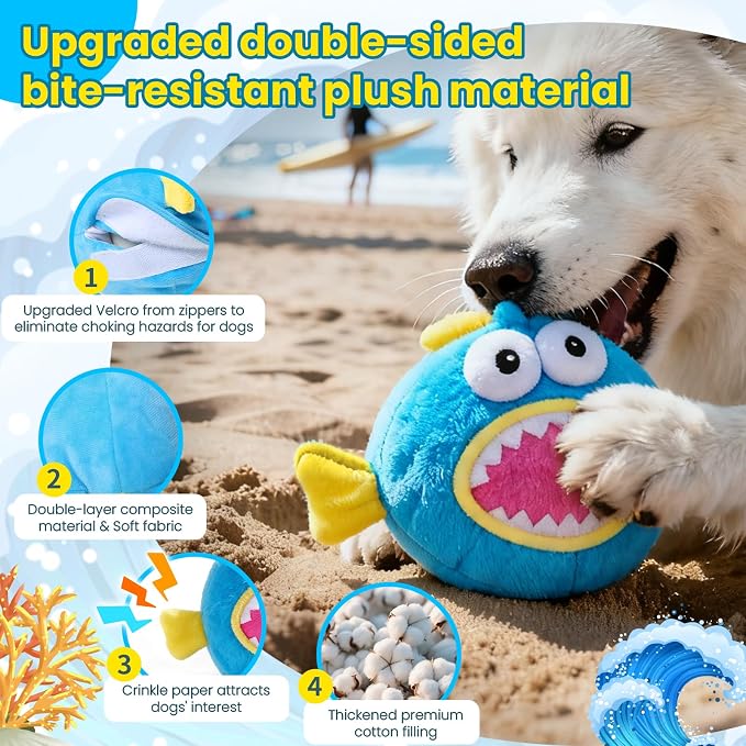 Interactive Moving Dog Toy, Automatic Bouncing Dog Toy with Rouncing Ball, Squeaky Plush Electronic Dog Toy for Small Medium Large Dogs, Vibrating Music Recording Mode to Keep Them Busy (Lanternfish)