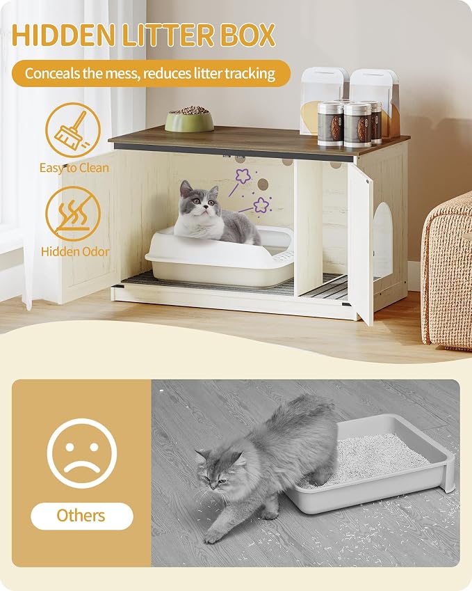 Hzuaneri Cat Litter Box Enclosure, Hidden Litter Box Furniture with Divider | Wooden Cat Cabinet with Removable Dividers, Reversible Entrance Left or Right Side, Cat Washroom, Rustic White Brown CB84714X