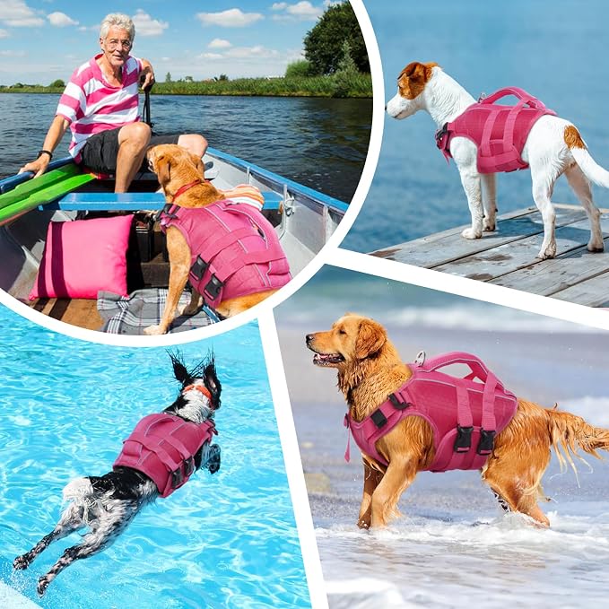Kuoser Dog Life Jacket, High Flotation Reflective Dog Life Vest, Rose, L | Adjustable Dog Lifejackets for Small Medium Large Dogs, Lifevest with Rescue Handle for Swimming, Boating, Lake, Beach & Pool