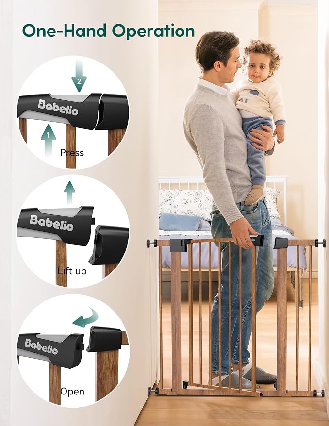 Babelio Pressure Mounted Baby Gate for Stairs, 26-40" Wide Dog Gate Indoor | Triple-lock system; Auto-close; 200N impact tested; Easy install for Doorways, Kitchen, Hallway, Brown Wood Pattern