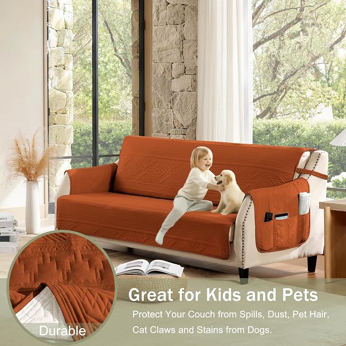 Boho Orange Loveseat Covers for 2 Cushion Couch, Water-Repellent Aztec Covers for Love Seat, Washable Quilted Couch Covers, Pet Friendly Loveseat Slipcovers (Loveseat 48", Burnt Orange)
