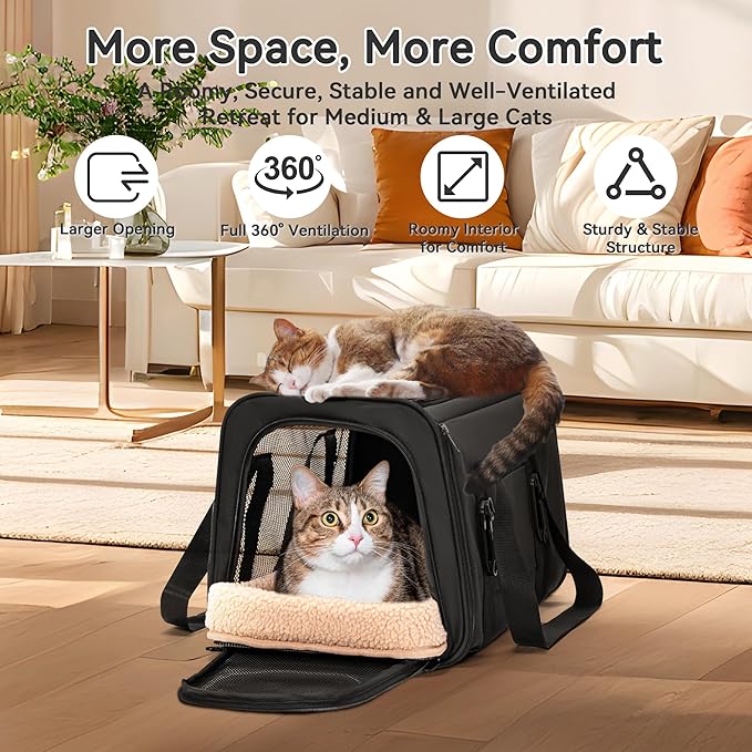 PETSFIT Large Cat Carrier with Patented Safety Buckles,Big Cats Up to 20 lb | Secure Carrier for Safe Driving, Lockable Zippers, Safety Tether, Travel Pet Carrier for Trips & Vet Visits,19 x 12 x 12