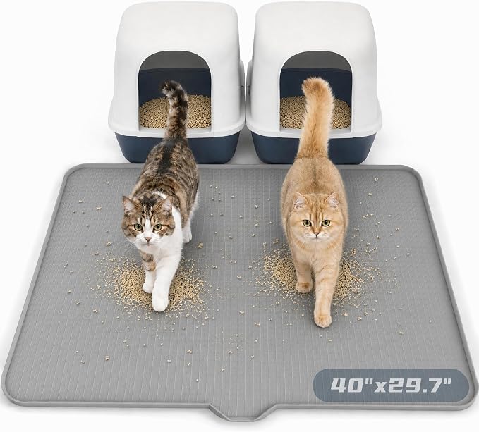 Cat Litter Mat, XL 40"x29.7" Silicone Litter Box Mat, Tilted Drain Spout | Litter Mat Fit 1-2 Boxes, Extra Wide Kitty Litter Mat, Waterproof Urine Proof, Non-Slip, Easy to Clean, High Edge