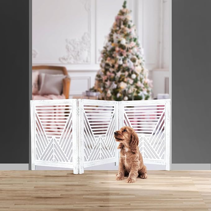 Lightnpro 3‑Panel Wooden Dog Gate – Antique White Foldable Freestanding Pet Barrier, Extra‑Wide Indoor Safety Fence for Small Dogs & Puppies – 24x54 Inch Decorative Finish