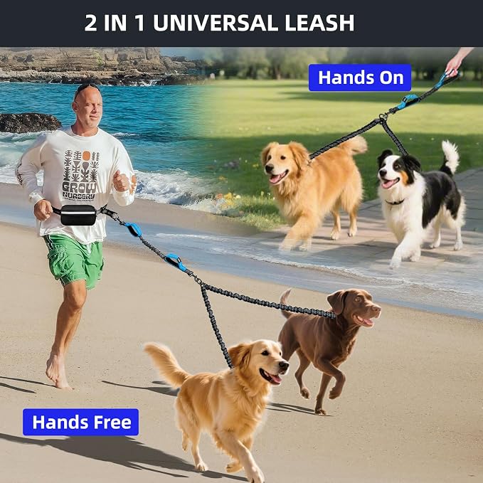 Uppetly Hands Free 2 Dog Running Leash with Waist Belt, Dual Handle Elastic Bungees Retractable Rope for Small and Medium Dogs, Reflective Stitches for Walking Hiking Biking (Small Blue, 8-25lb)