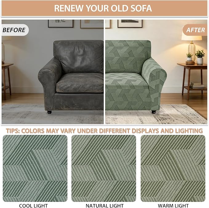 ZNSAYOTX Stretch Couch Covers for 2 Cushion Couch, 1-Piece Loveseat Covers Sofa Slipcover, Furniture Protector with Elastic Bottom for Dogs Geometrical Jacquard Fabric (Medium, Army Green)