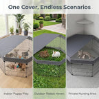 PJYuCien Octagonal Playpen Top Cover for 24" Side Metal Pet Pen, Gray | Cozy Den for Puppy Small Animals, Half Mesh Half Oxford with Silver Coating, Predator & Weather Protection, Snap Hooks