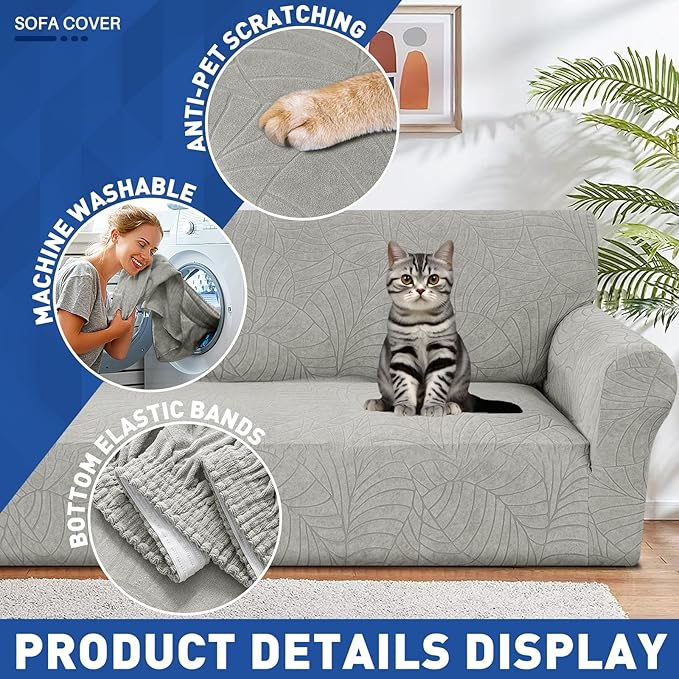 YEMYHOM Couch Cover Latest Jacquard Design High Stretch Extra Large Sofa Covers Pet Dog Cat Proof Oversized Slipcover Non Slip Magic Elastic Furniture Protector (X-Large, Begonia Leaf Light Gray)