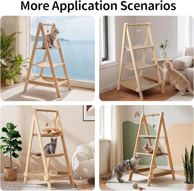 Stylish Plywood A-Frame Cat Tower, 3-Tier Perch, Sisal Scratching Board & Open Hammock, Space-Saving Movable Cat Tree Fits Most Home Styles