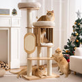 50" Modern Cat Tree for Indoor Cats Small to Medium, Solid Wood Cat Tower with Sisal Scratching Posts, Cat Scratcher Cardboard, Cozy Cat Beds & Hidden Cat Condo, Multi-Level Cat Furniture