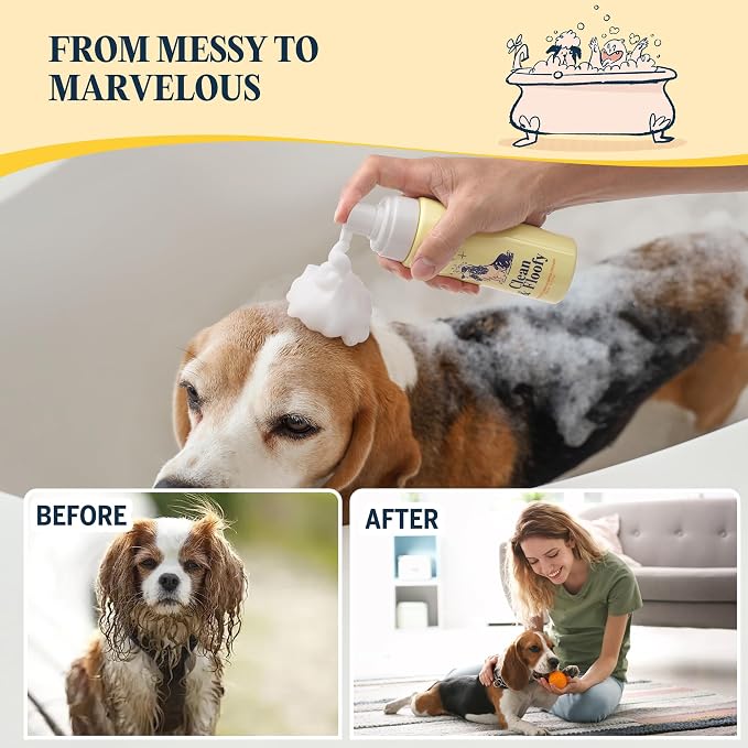 Clean and Floofy Dry Dog Shampoo with Glove – No Rinse Spray Foam, Anti-Itch, Odor Control, Moisturizing & Conditioning, Hydrating, Detangling, Sulfate-Free Waterless Pet Bath Wash for Dogs & Puppies