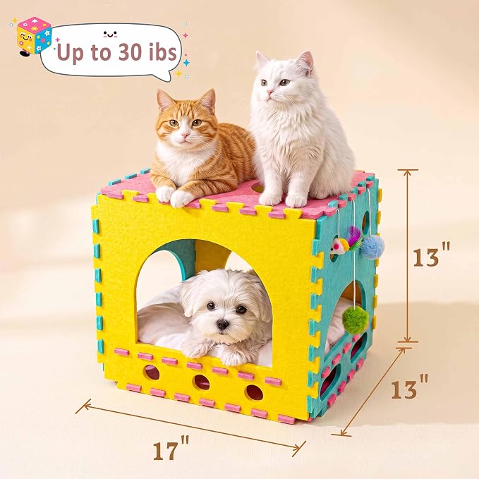 Cat Houses for Indoor Cats, Cute Cat Bed Cave with Soft Pillow, Cat Cube for Multiple Large Cats, Fun Dice Shaped, 17 Inches