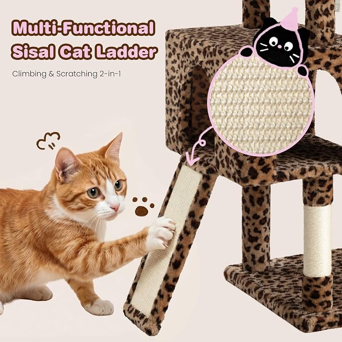 SHA CERLIN 82 inch Cat Tree Tower, Multi-Level Cat Condo with Plush Perches, Sisal Scratching Posts, Hammock and Toys, Stable Cat Tower for Kittens and Adult Cats, Leopard Print