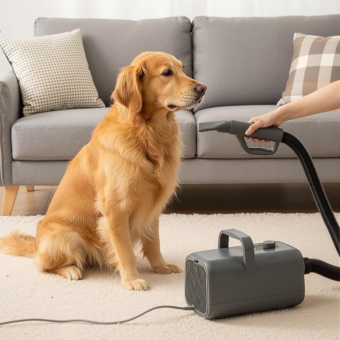 DUMOS Dog Hair Dryer for Pet Grooming, Low Noise, 6.5 FT Cord | Dog Blow Dryer with Adjustable Wind Speed & Heater Temperature, Cool-Warm-Hot Cycle Mode, 4 Nozzles, Grey