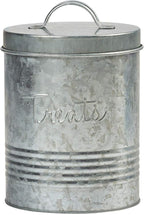 Amici Pet, , Retro Treats Galvanized Relief Lettering Metal Storage Canister, Food Safe, Push Top, 72 Ounces