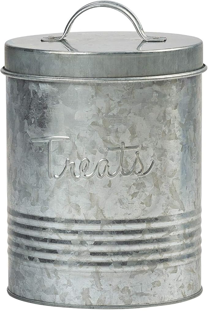 Amici Pet, , Retro Treats Galvanized Relief Lettering Metal Storage Canister, Food Safe, Push Top, 72 Ounces