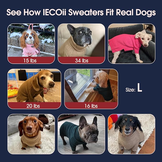 IECOii Dog Sweaters for Medium Dogs Girl Boy,Holiday Knit Doggy Sweatshirt with Sleeve,Turtleneck Thick Warm Dog Sweaters for Winter,Pullover Knitwear for French Bulldog,Boston Terrier (Purple, L)