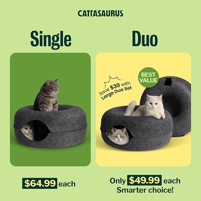 Peekaboo Cat Cave Donut for Multiple & Large Cats up to 30-45 lbs, 3-in-1 Self Warming Cat Bed, Tunnel & Scratcher for Indoor Cats, Washable & Detachable (Dark Gray + Dark Gray, Large)