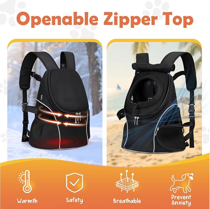 WOYYHO Pet Dog Carrier Backpack with Windows, Ventilated Small Dog Backpack | Breathable Top & Side Windows, Safety Belt, Storage Pockets, Small Dog Front Backpack, for Travel Hiking Outdoor, Black2.0, L