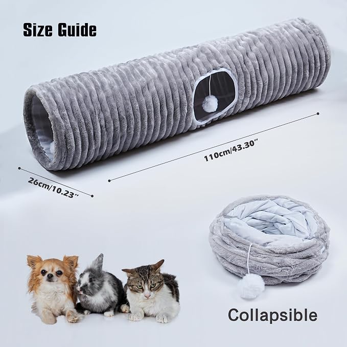 Luxurious Cat Tunnel,43" Straight Cat Tunnel Bed with Balls,Cat Toys for Indoor Cats,Collapsible Peekaboo Cat Cave for Kitten Toys (Gray Stripe)