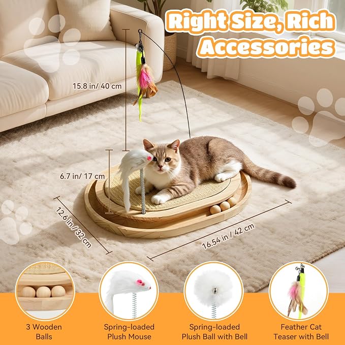 Cat Scratcher, Sisal Scratching Pad Kitten Cat Ball Track Toy | 3 Spring Plush Toys for Chasing Hunting Exercise, Round Wooden Non-Slip Cat Scratchers for Indoor