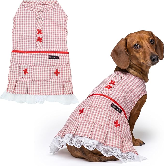 Parisian Pet Summer Dog Dress - Gingham Clothes for Large Dogs Girl - Countryside Pet Dress - Elegant Red Dog Outfit - Lightweight Puppy Clothes - Stylish Breathable Female Dresses for Dogs