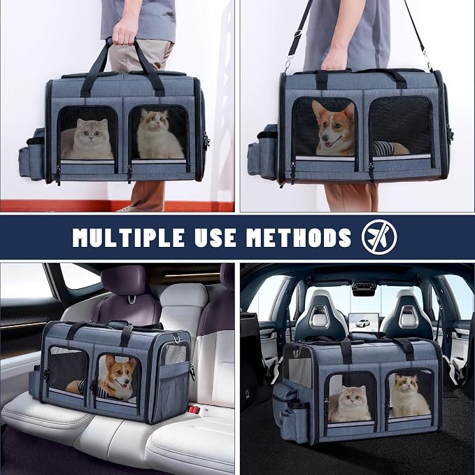 Cat Carrier for 2 Cats, Foldable Double Cat and Dog Carrier, Small to Medium Size, 2 Front Zippered Compartments,Two Pets Carrier for Outdoor Travel,Mulitple Cat Carrier, Grey