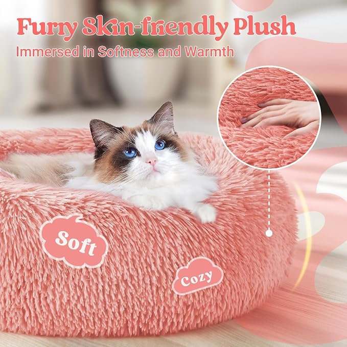 rabbitgoo Calming Cat Beds for Indoor Cats, 20 inches, Pink | Soft Warm Donut, Fluffy Faux Fur, Supportive Raised Rim, Anti-slip, Machine Washable, Up to 15lbs Kittens & Small Cats