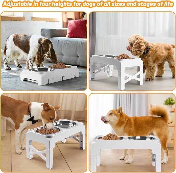 Hubulk Elevated Dog Bowls with 2 Stainless Steel Dog Food & Water Raised Bowls with No Spill Edge Non-Slip Stand Adjusts to 3 Heights(2.75", 6.0", 7.5") for Small Medium Dogs and Pet