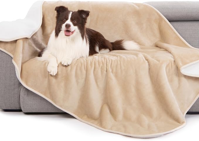 gogobunny Waterproof Bed Blanket, Reversible Sherpa Fleece Throw Blanket for Dog Puppy Cat, Furniture Cover Protects Bed Couch Sofa from Liquid Pee and Pet Fur (Beige, 90x108 inches)