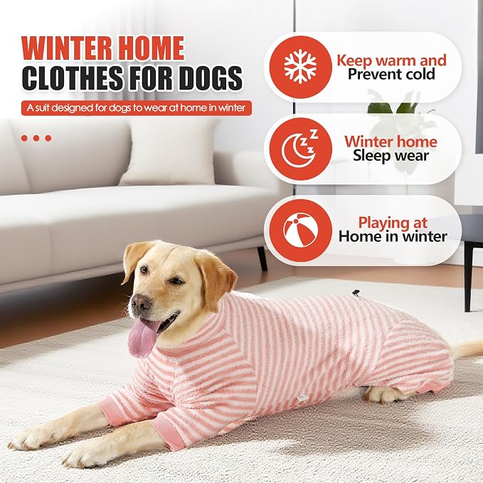 Dog Fleece Pajamas Large Dog 4 Legs Winter Clothes for Dog Fit Warm Jumpsuit for Dogs (Striped Pink, Small)