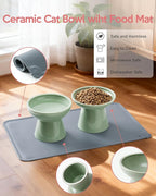 CEEFU 2 Elevated Ceramic Cat Bowls Upgraded with Food Mat for Food & Water | Extra Wide – Whisker Fatigue Shallow Food Dish, Lead & Cadmium-Free, Raised Height for Cats, Sage Green