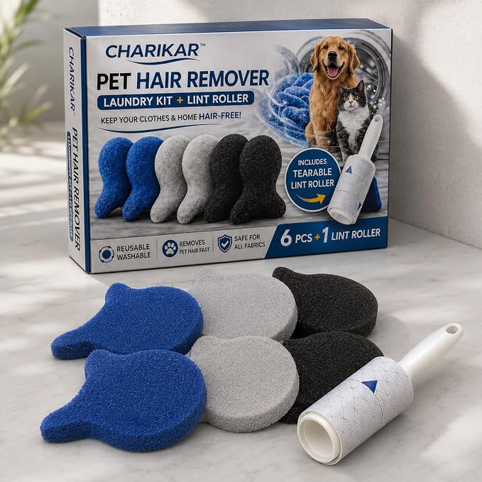 Pet Hair Remover for Laundry, 6 Reusable Laundry Sponges + Tearable Lint Roller, Pet Hair Remover for Clothes, Bedding, Furniture, Sofa, Car Seats, Dog & Cat Hair Remover