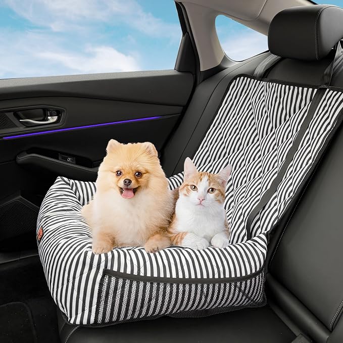 Dog Car Seat for Small and Medium Dogs, Booster Seat Sofa Pet Bed, Portable Car Travel Carrier Bed (Black Stripes-Thick Filling)
