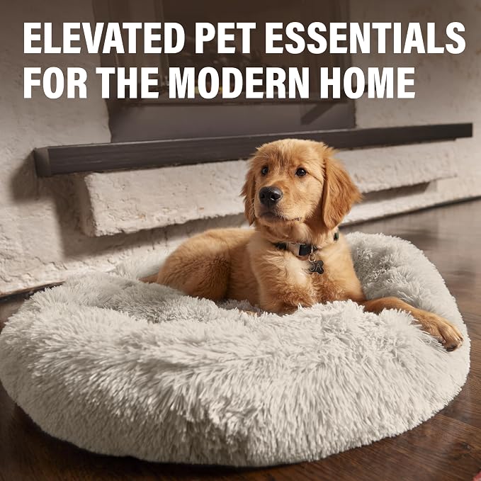 Active Pets Premium Large Donut Dog Bed, Fits Up to 100 lbs, Machine Washable Cushion, Plush Long Pile Faux Fur Fabric, Portable Light Gray Pet Bed Furniture for Puppies Adult Canines & Cats