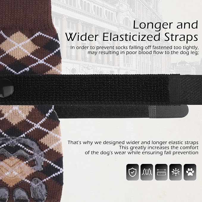 EXPAWLORER Dog Socks to Prevent Licking Paws,Anti Slip Dog Shoes for Hot Pavement,Dog Booties for Hardwood Floors,Dogs Boots & Paw Protectors for Small Medium Large Senior Dogs,British Style,Brown L