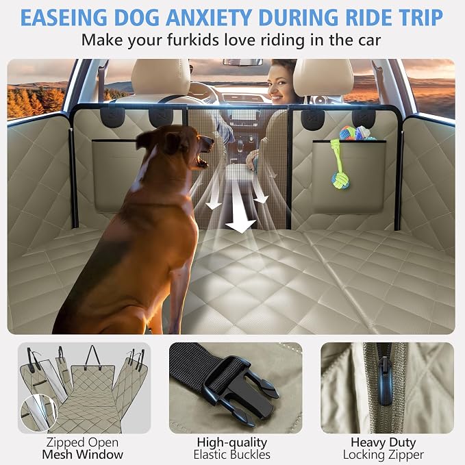Btefd Back Seat Extender for Dogs, Hard Bottom Dog Hammock for Car & SUV | Dog Seat Cover Supports 420lbs, 45% More Space, Waterproof, Mesh Window, Scratch Resistant, Non-Slip, Easy Care, Beige