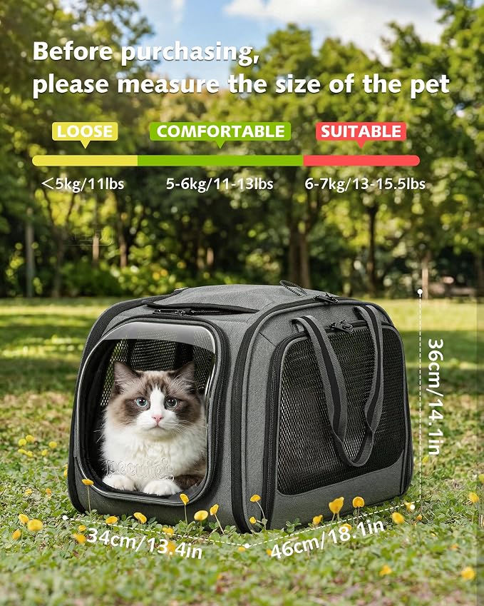 Pecute Cat Carrier with Bubble Window & Sunshade for Dogs Cats, Gray L | Dual bubble windows & top sunshade, 70% more airflow mesh, Impact-resistant stable frame, Locking zippers, Fits up to 15 lbs