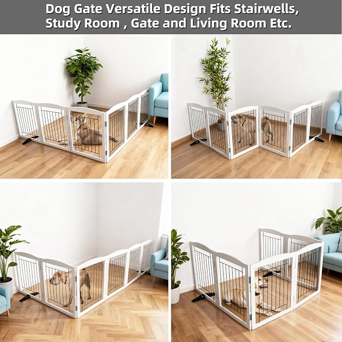 ZJSF Freestanding Dog Fence Indoor, Foldable Dog Gate for Doorways, Stairs or Hallways, Sturdy Wood Extra Wide Pet Gate with Support Feet for The House, White, 32 "Height-6 Panels