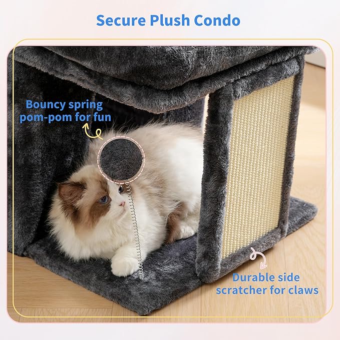 Heybly Cat Tree, 14" Cat Tower with Large Cat Bed & Condo HCT203SG | Cat Furniture for Indoor Cats Large Adult, Cat House with Scratching Posts and Spring Balls for Kittens, Smoky Gray