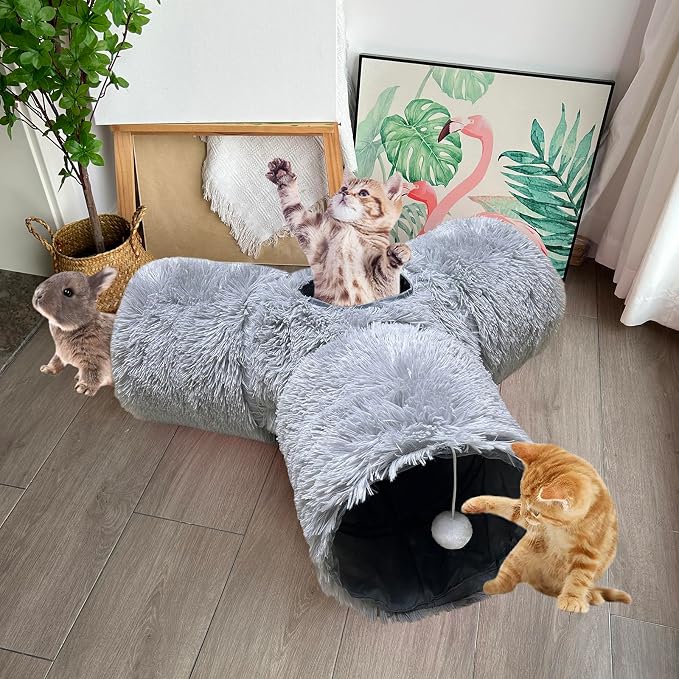 3-Way Collapsible Cat Tunnel Tube Toy Grey Plush | Interactive Play Tunnel with Hanging Ball & Peek Hole for Indoor Cats, Kittens, Puppies & Rabbits | Hours of Fun & Exercise