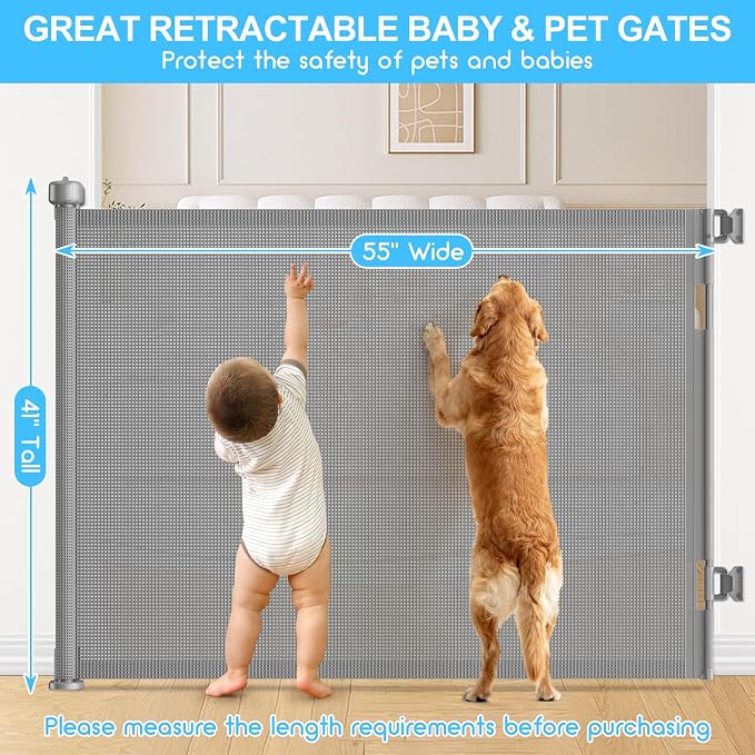 EZIGO 55 Inch Retractable Baby Gates, 41 Inch Extra Tall Retractable Gate | One-Hand Operation Retractable Dog Gate, 4.58FT Mesh Safety Pet Gate for Stairs, Deck, Porch, Doorways Indoor Outdoor, Gray